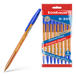 Цена за 24 шт. Набор из 8 ручек шариковых ErichKrause R-301 Stick Amber 0.7, цвет чернил синий (в пакете)