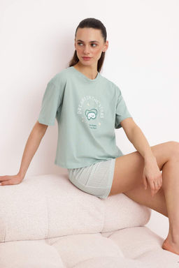 Trendyolmilla Beyaz-Mavi %100 Pamuklu Cizgili Slogan Bask?l? Uyku Bantl? Sortlu Orme Pijama Tak?m? THMSS25PT00102  фото 13