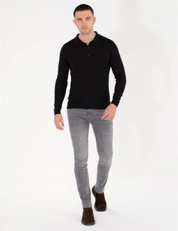 Siyah Slim Fit Polo Yaka Y_n Kar___ml_ Basic Triko Kazak - Pierre cardin фото 3