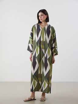 V Yaka Desenli Oversize Elbise