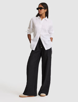 Siyah Loose Fit Keten Pantolon