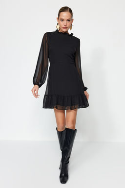 TRENDYOLMILLA Siyah A Kesim F?rf?r Detayl? Dik Yaka Mini Astarl? Sifon Dokuma K?sl?k Elbise TWOAW24EL00722  фото 19