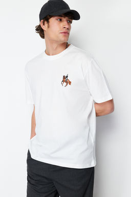 TRENDYOL MAN Ekru Oversize/Genis Kesim At/Hayvan Nak?sl? K?sa Kol %100 Pamuklu T-Shirt TMNSS24TS00089 - Trendyolmilla фото 3