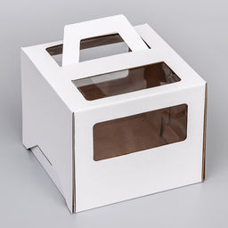 Коробка под торт 2 окна, с ручками, белая, + подложка 2.5 золото - белый, 24×24×20 см