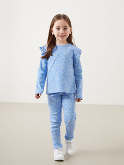 Bisiklet Yaka ?i?ekli K?z ?ocuk Bluz ve Tayt 2li