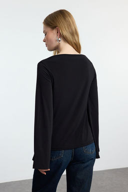 Siyah Relaxed/Rahat Kal?p Ispanyol Kol Esnek Orme Bluz TWOAW25BZ00203