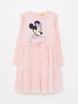 Bisiklet Yaka Minnie Mouse Bask?l? Uzun Kollu K?z ?ocuk Elbise