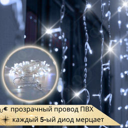 Гирлянда светодиодная Icicle Light 3 м, холодный белый, провод ПВХ прозрачный, высота нитей 30+40+60+40+30 см, шаг 10см,120 диодов, каждый 5 мерцает