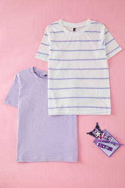 Lila-Ekru 2li K?z Cocuk %100 Pamuk Regular/Normal Kal?p K?sa Kol Orme T-Shirt TKDSS25TS00028 - Trendyolmilla фото 3