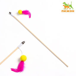 Дразнилка - удочка Мячик с перьями на деревянной палочке, микс цветов