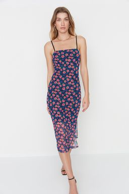 Mor Ask?l? Fitted/Vucuda Oturan Kare Yaka Tul Midi Esnek Orme Kalem Elbise TWOSS22EL00726