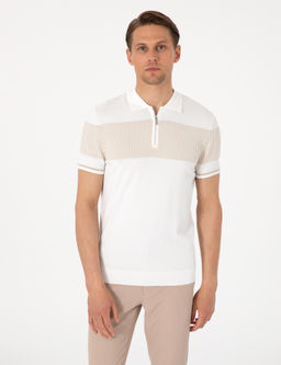 Ekru Slim Fit Fermuarl_ Polo Yaka Triko Ti__rt