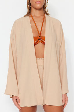 Plaj Giyim Bej Dokuma Yuksek Bel Mini Kimono-Sort Tak?m TBESS23AU00089