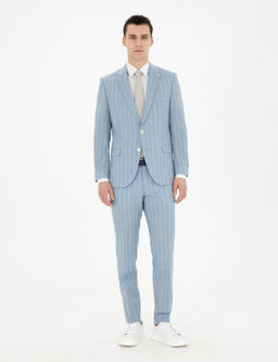 A__k Mavi Ekstra Slim Fit _izgili Y_n Tak_m Elbise