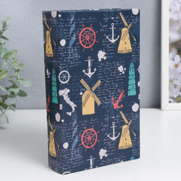 Шкатулка книга-сейф «Мельницы, штурвалы и якоря», дерево, искусственная кожа, 21×13×5 см
