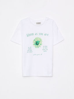 Bisiklet Yaka Bask?l? K?sa Kollu Pamuklu K?z ?ocuk Ti??rt