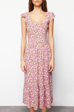 Lila Cicek Desenli Kare Yaka A Kesim Viskon Midi Dokuma Elbise TWOSS20EL3331