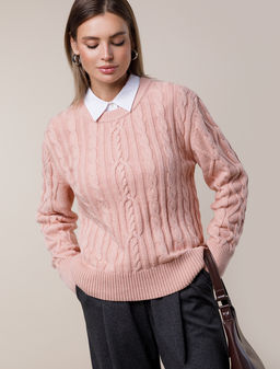 Свитер фактурной вязки с узором косы - Vilatte фото 5