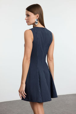 Lacivert Cizgili Etegi Belden Ac?lan Bisiklet Yaka Mini Poliviskon Dokuma Elbise TWOAW25EL00244