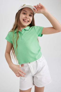 Облегающая футболка-поло в рубчик с короткими рукавами для девочек - Defacto фото 3