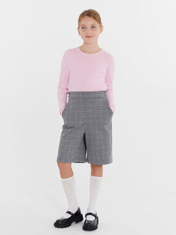 Прямые серые шорты в крупную клетку с рюшей на поясе для девочек