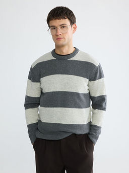 Bisiklet Yaka ?izgili Y?n Kar???ml? Erkek Triko Kazak