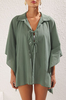 Haki Dokuma Baglama Detayl? Maxi Plaj Gomlek TBESS25GO00010