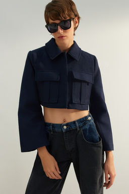 Limited Edition Lacivert Fitted Crop Dokuma Ceket TWOAW24CE00123 - Trendyolmilla фото 3