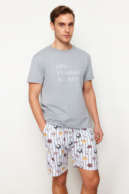 TRENDYOL MAN Gri Regular Fit Bask?l? Orme Sortlu Pijama Tak?m? TMNSS23PT00000 - Trendyolmilla фото 9