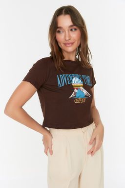 Kahverengi %100 Pamuk Bask?l? Basic Crop Bisiklet Yaka Orme T-Shirt TWOSS22TS2190 - Trendyolmilla фото 3