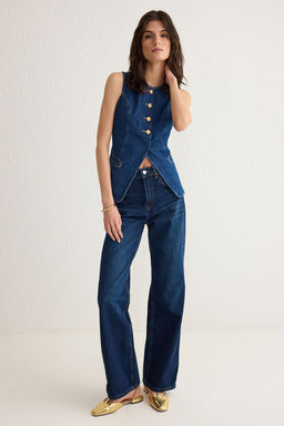 TRENDYOLMILLA Koyu Mavi Gold Dugmeli Dikis Detayl? Denim Yelek TWOSS25YE00001  фото 2