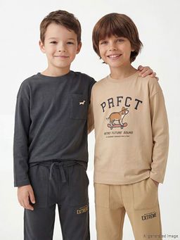 Bisiklet Yaka Bask?l? Uzun Kollu Erkek ?ocuk Ti??rt 2li