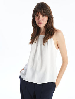 Halter Yaka D?z Keten Kar???ml? Kad?n Bluz