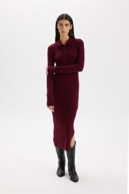 Fitted Polo Yaka Basic Duz Y?rtmacl? Uzun Kollu Triko Bordo Elbise