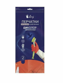LIBRY перчатки хозяйственные латексные Сверхпрочные размер-M Биколор (бело-красные) 70гр