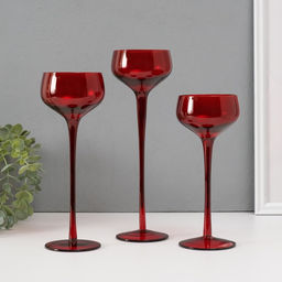 Стеклянный подсвечник на 1 свечу «Бокал-креманка», набор 3 шт., красный, h=20 см, 23 см, 26×8×8 см