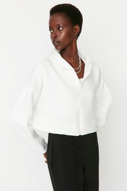 Ekru Basic Fermuarl? Kapusonlu Crop Kal?n Ici Polarl? Orme Sweatshirt TWOAW20SW0660