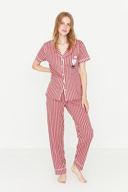 Trendyolmilla Pembe Cizgili Hayvan Bask?l? Gomlek-Pantolon Orme Pijama Tak?m? THMSS21PT0878