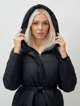 Пальто утепленное стеганное зимнее с капюшоном женское черного цвета 9605Ch - Mtforce фото 8