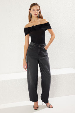 Trendyolmilla Siyah Gul Detayl? Par?lt?l? Simli Orme Bluz TPRSS25BZ00011 фото 3