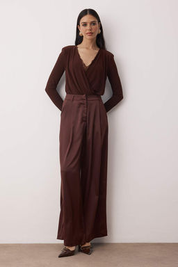 Koyu Kahverengi Wide Leg/Genis Paca Saten Gorunumlu Dokumlu Pantolon TPRAW26PL00004 - Trendyolmilla фото 2