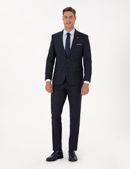 Lacivert Slim Fit Y_n Kar___ml_ Ekose Tak_m Elbise