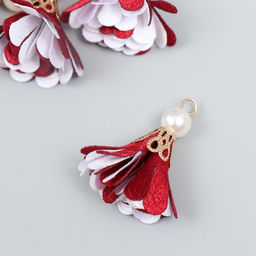 Декор текстиль Цветок 2 с жемчужиной. Бордовый и белый, набор 6 шт., 3 см