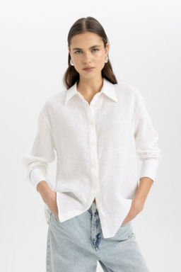 Oversize Genis Kal?p %100 Keten Uzun Kollu Gomlek