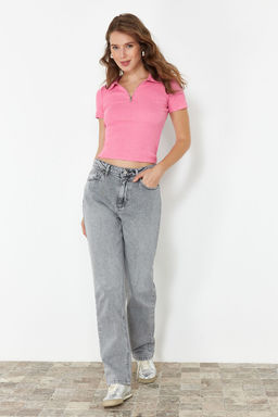 Lacivert Fermuar Detayl? Fitted/Vucuda Oturan Polo Yaka Fitilli Esnek Orme Bluz TWOSS23BZ00496 - Trendyolmilla фото 11