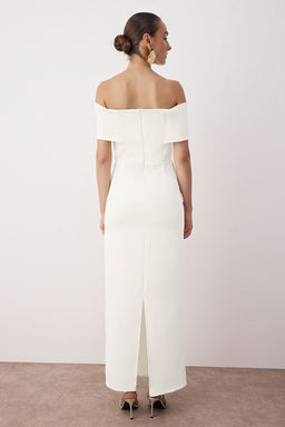 Sar? Carmen Yaka Finike Maxi S?k Abiye Gece Mezuniyet Elbisesi TPRSS25AE00196 - Trendyolmilla фото 4