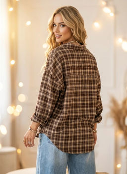 K13552 Рубашка с вышивкой OVER SIZE (хлопок) КОРИЧНЕВЫЙ