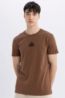 Slim Fit Dar Kesim Bisiklet Yaka Bask?l? K?sa Kollu Tisort