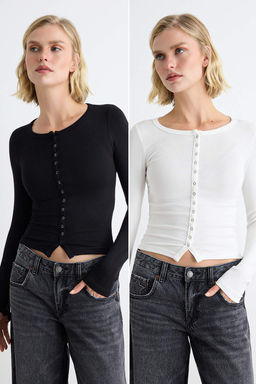 Siyah-Ekru D_z Fitted Bisiklet Yaka Crop/K_sa __t__tl_ Viskon Ribana _rme Bluz TWOAW27BZ00049