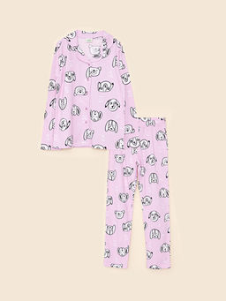 G?mlek Yaka Bask?l? Uzun Kollu K?z ?ocuk Pijama Tak?m?